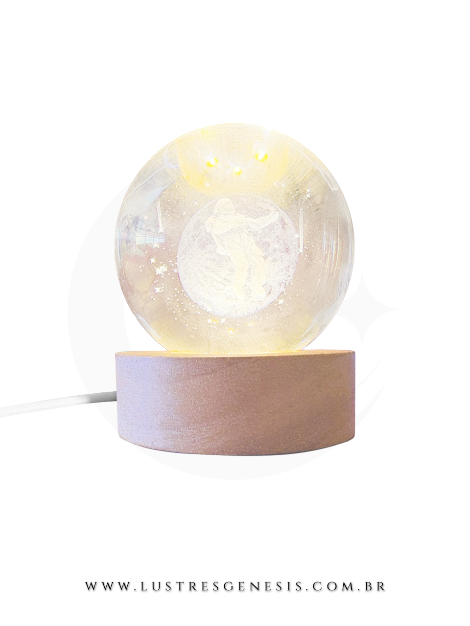 Abajur USB de madeira e cristal com astronauta 3D iluminado, ideal para decoração de quartos, escritórios e escrivaninhas.